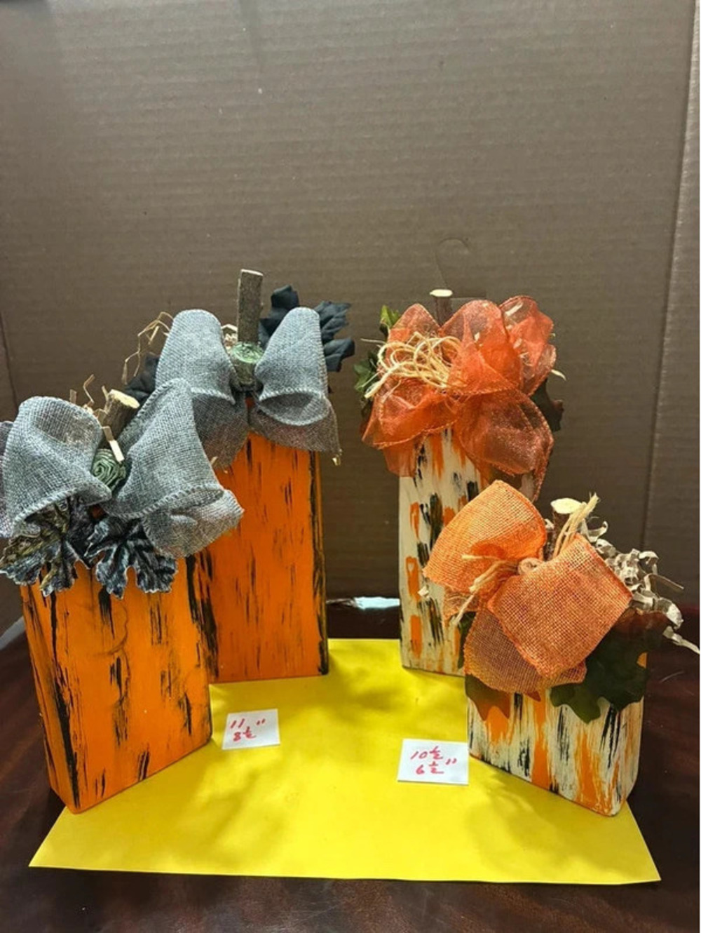 Set of 4 Wooden Pumpkin Fall Decorations with Fabric Bows